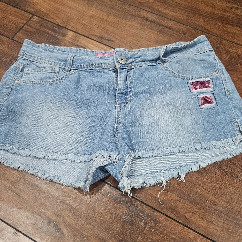 Y2K GLO Denim Low Rise Shorts Pink Sequin Detail Frayed Hem Juniors